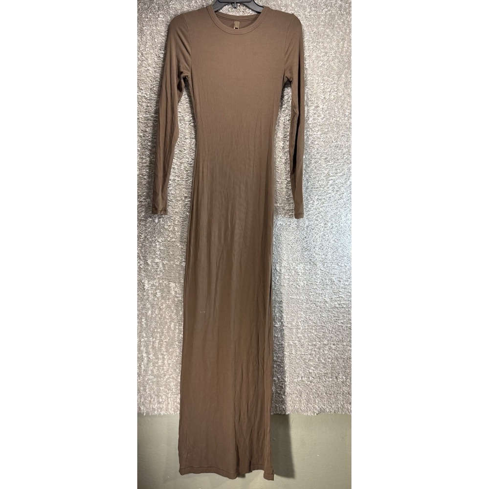 Skims Fits Everybody Dress Brown Crewneck Long Sleeve Maxi Ribbed Fitted Preppy